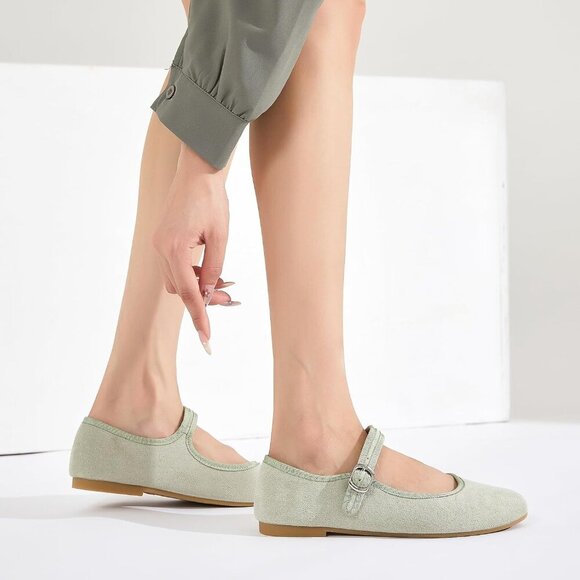 Babudog Womens Green Faux Suede Rounded Toe Ankle Strap With Buckle Flats - Picture 5 of 9